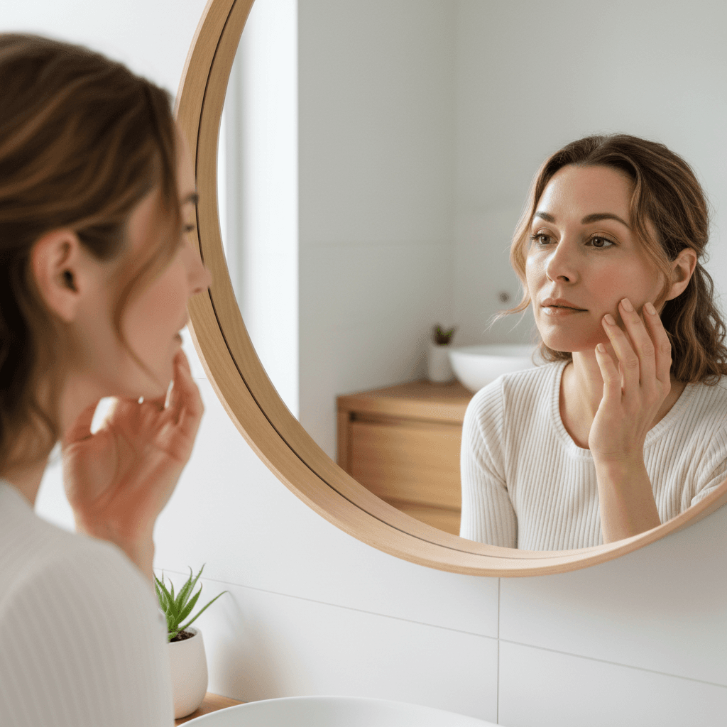 Client examining skin health at home