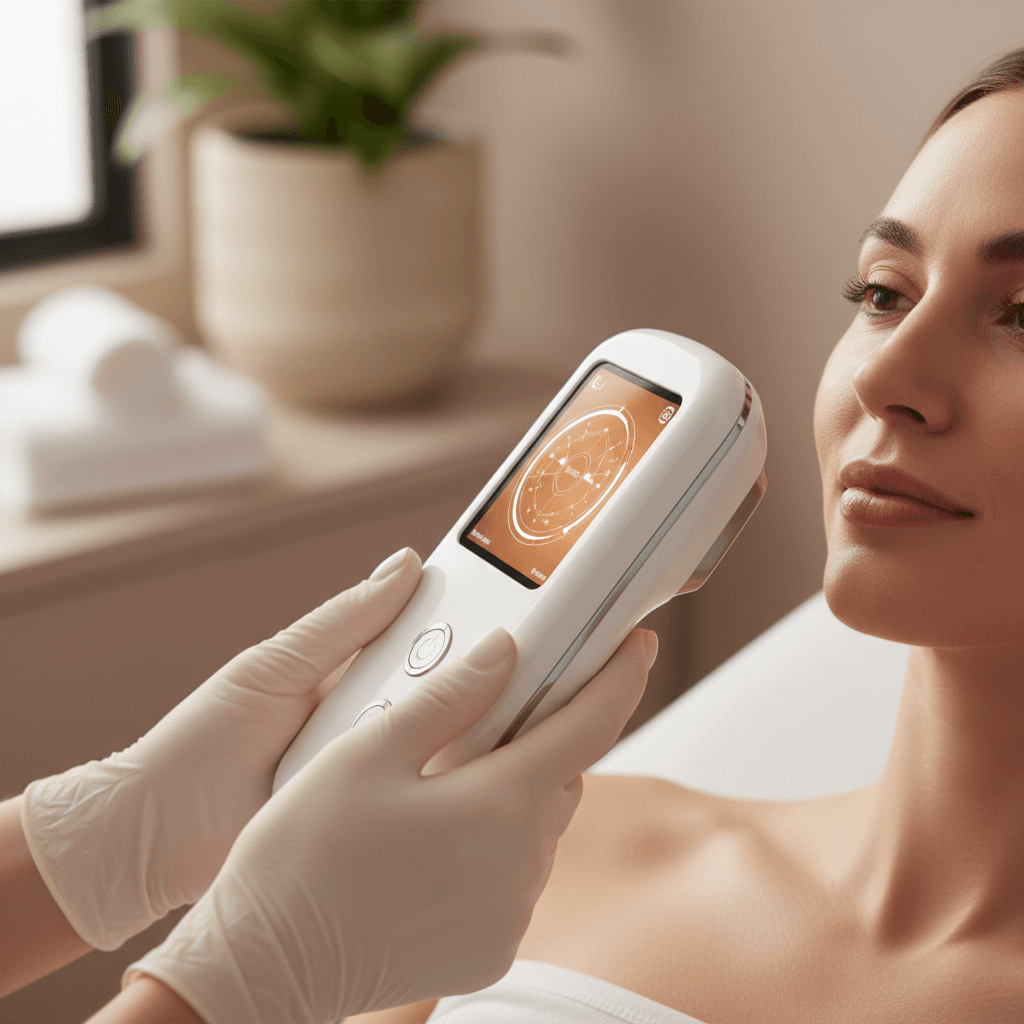 Laura Mays PA conducting skin analysis consultation