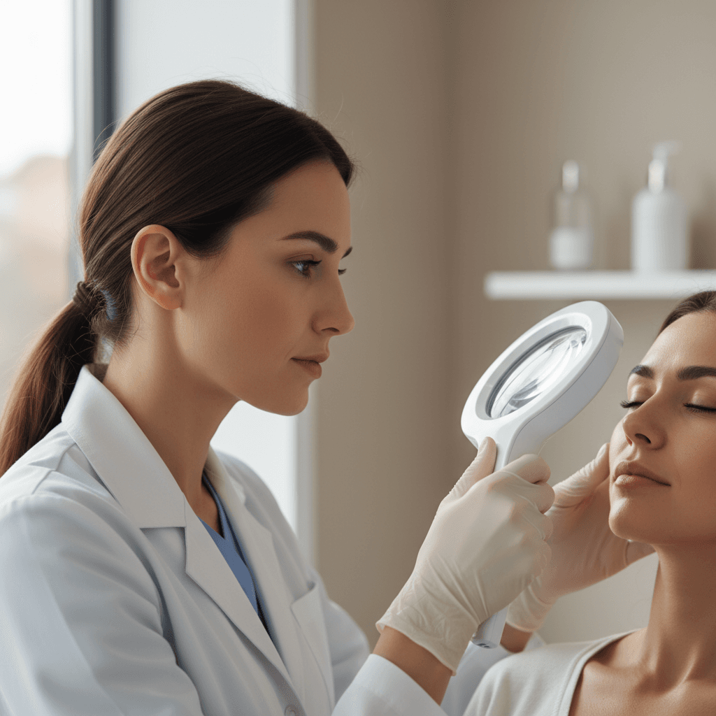 PA conducting detailed skin evaluation during consultation